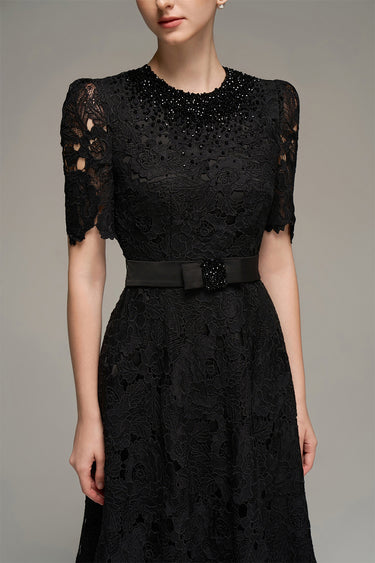 Black crochet lace A-line gown with short sleeves and crystal detailing at neckline and waist - IHF STUDIO