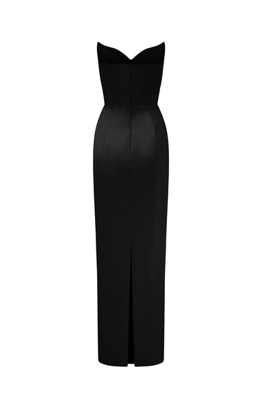 Black Silk Taffeta Bustier Column Dress With Lotus Pental-Shaped - IHF STUDIO