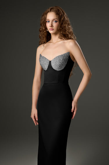 Black Silk Taffeta Bustier Column Dress With Lotus Pental-Shaped - IHF STUDIO