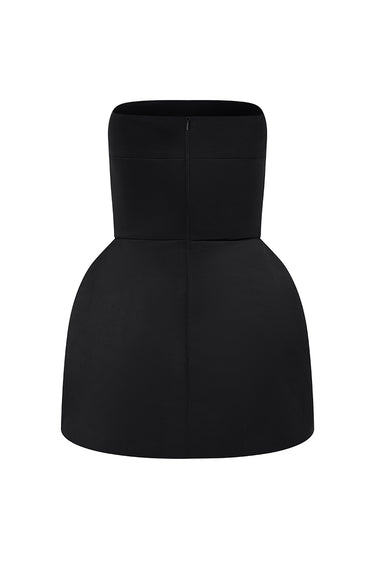 Black Silk Taffeta Bustier Mini Column Dress With Gold Bow - IHF STUDIO