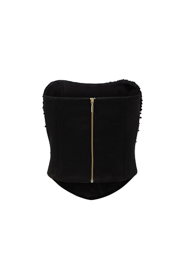 Black crystal-embellished corset top from the taffeta crop blazer and low-waist skirt set - IHF STUDIO