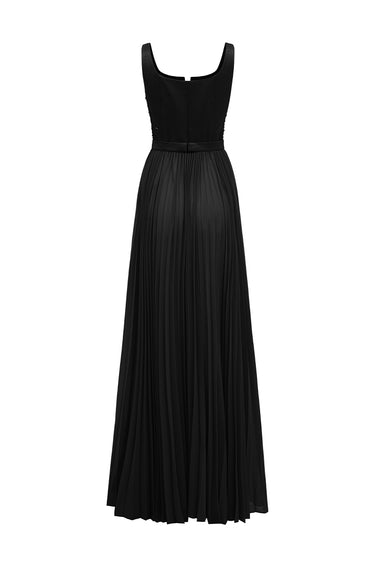 Black Taffeta Pleated Chiffon Maxi A-line Gown with Sequin Floral Cape Panel - IHF STUDIO