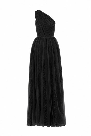 Black Tiny Floral Mesh Lace One-Shoulder A-Line Dress With Draped Tulle Details - IHF STUDIO