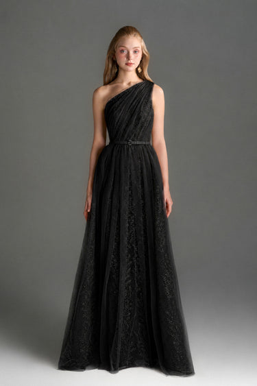 Black Tiny Floral Mesh Lace One-Shoulder A-Line Dress With Draped Tulle Details - IHF STUDIO