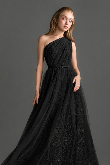 Black Tiny Floral Mesh Lace One-Shoulder A-Line Dress With Draped Tulle Details - IHF STUDIO
