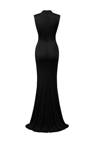 Black Twisted Drape Jersey Maxi Dress With Crystal-Embellished Neckline - IHF STUDIO