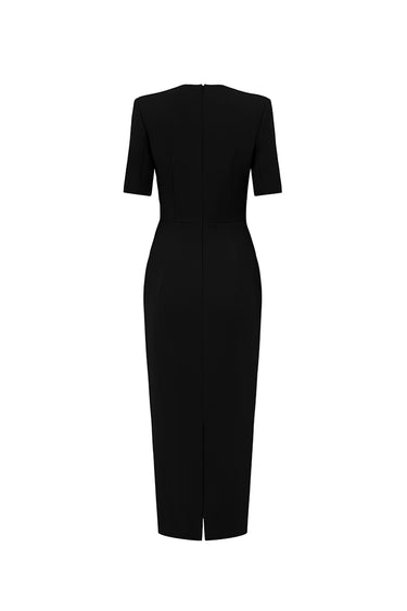 Black V-neck Midi Dress With Crystal Embellished Neckline - IHF STUDIO