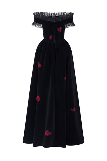 Black Velvet Maxi Dress With Ruffle Details And Heart-Shaped Embellishment - IHF STUDIO
