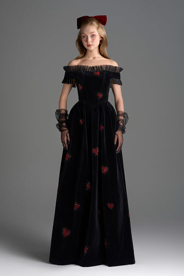 Black Velvet Maxi Dress With Ruffle Details And Heart-Shaped Embellishment - IHF STUDIO