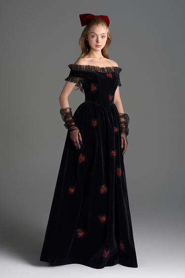 Black Velvet Maxi Dress With Ruffle Details And Heart-Shaped Embellishment - IHF STUDIO