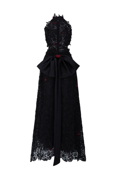 Black Vine Floral Lace Halter Midi A-Line Dress With Waist Cut-Out And Crystal Embellishment - IHF STUDIO