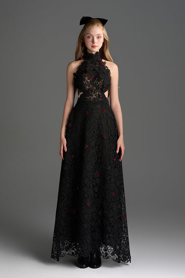 Black Vine Floral Lace Halter Midi A-Line Dress With Waist Cut-Out And Crystal Embellishment - IHF STUDIO
