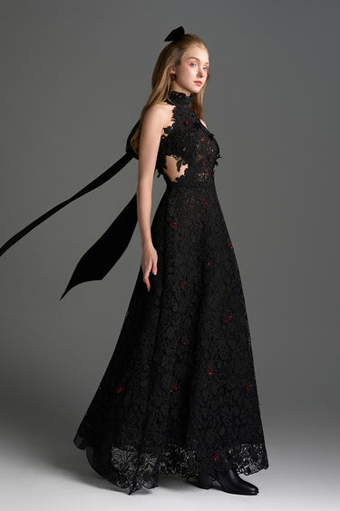 Black Vine Floral Lace Halter Midi A-Line Dress With Waist Cut-Out And Crystal Embellishment - IHF STUDIO