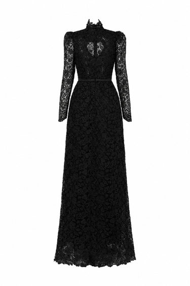 Black Vine Floral Lace Long-Sleeve Maxi Dress With Heart Cutout, Balloon Drawstring - IHF STUDIO