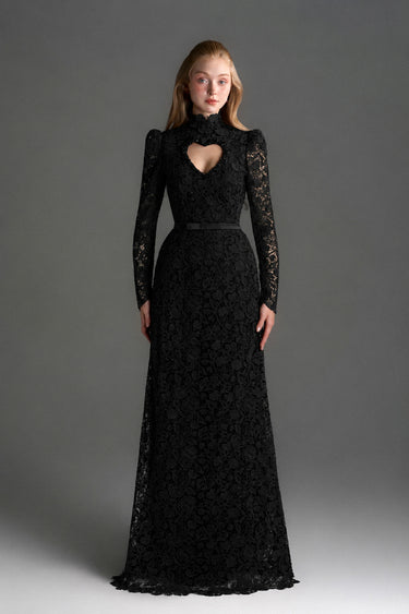 Black Vine Floral Lace Long-Sleeve Maxi Dress With Heart Cutout, Balloon Drawstring - IHF STUDIO