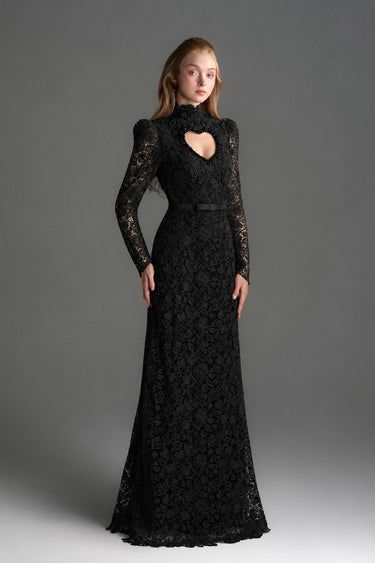 Black Vine Floral Lace Long-Sleeve Maxi Dress With Heart Cutout, Balloon Drawstring - IHF STUDIO