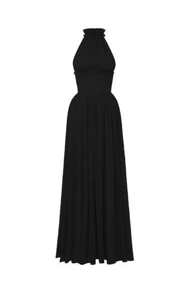 Black Vine Guipure Lace A-Line Dress With Ruffle Collar - IHF STUDIO