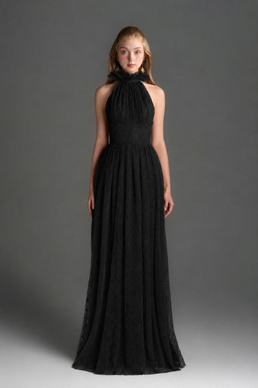 Black Vine Guipure Lace A-Line Dress With Ruffle Collar - IHF STUDIO