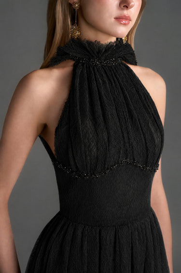 Black Vine Guipure Lace A-Line Dress With Ruffle Collar - IHF STUDIO