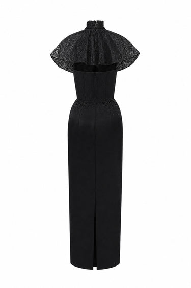 Black Vine Guipure Lace And Silk Taffeta Bustier Midi Column Dress With Mini Cape - IHF STUDIO