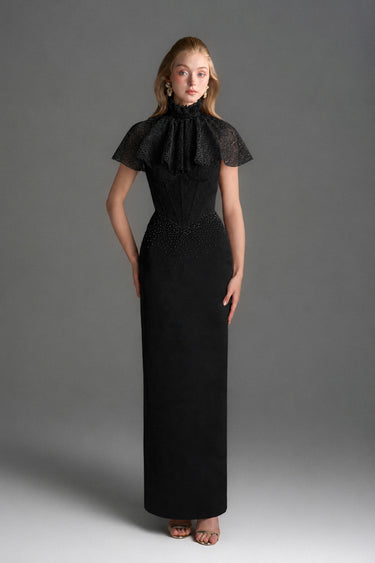 Black Vine Guipure Lace And Silk Taffeta Bustier Midi Column Dress With Mini Cape - IHF STUDIO