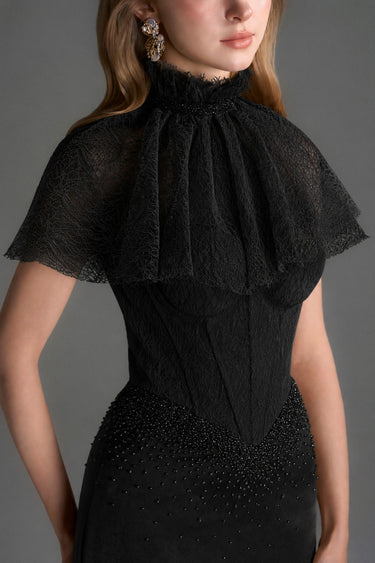 Black Vine Guipure Lace And Silk Taffeta Bustier Midi Column Dress With Mini Cape - IHF STUDIO
