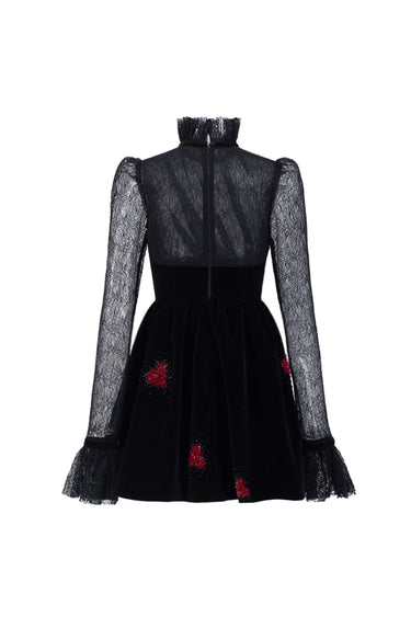 Black Vine Guipure Lace & Velvet Long-Sleeve Mini Dress With Draped Details And Heart-Shaped Embellishment - IHF STUDIO