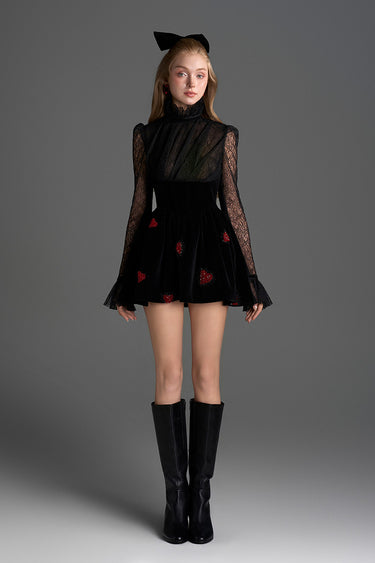 Black Vine Guipure Lace & Velvet Long-Sleeve Mini Dress With Draped Details And Heart-Shaped Embellishment - IHF STUDIO