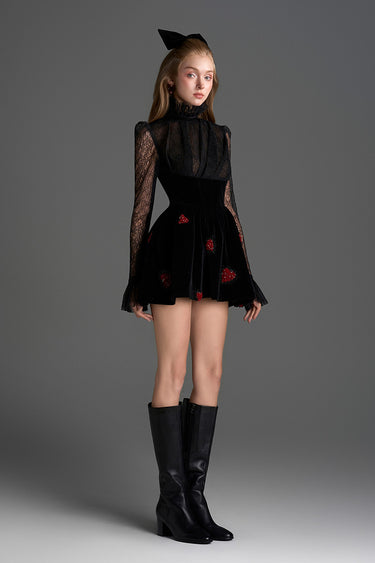 Black Vine Guipure Lace & Velvet Long-Sleeve Mini Dress With Draped Details And Heart-Shaped Embellishment - IHF STUDIO