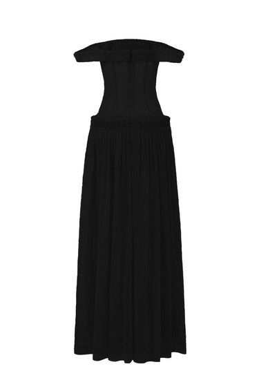 Black Vine Guipure Lace Off-Shoulder A-Line Dress With Horizontal Train - IHF STUDIO