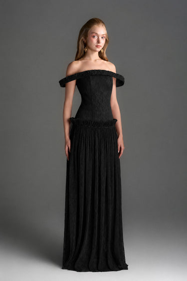 Black Vine Guipure Lace Off-Shoulder A-Line Dress With Horizontal Train - IHF STUDIO