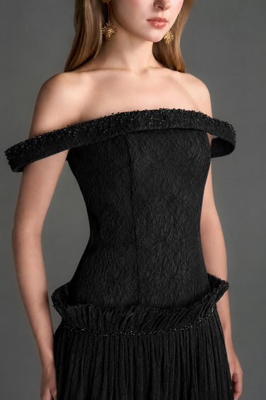 Black Vine Guipure Lace Off-Shoulder A-Line Dress With Horizontal Train - IHF STUDIO