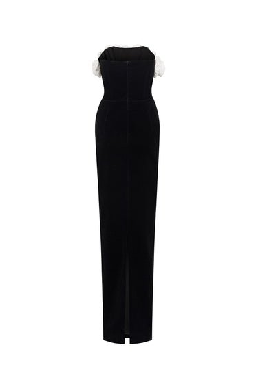 Black velvet column gown with sculpted white silk roses and an off-shoulder neckline - IHF STUDIO