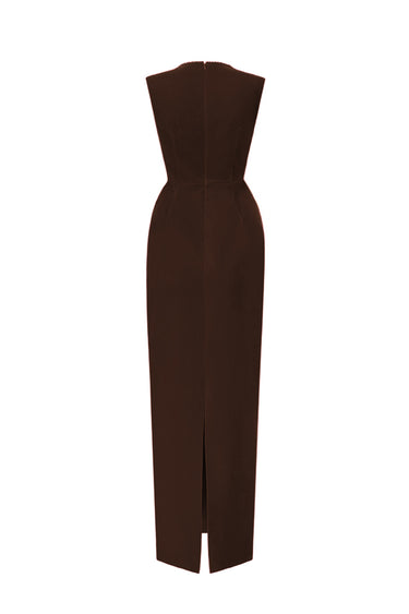 Brown Lyon Velvet Midi Column Dress With Heart-Shaped Neck And Crystal Embellishment - IHF STUDIO