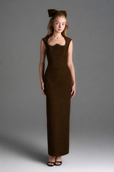 Brown Lyon Velvet Midi Column Dress With Heart-Shaped Neck And Crystal Embellishment - IHF STUDIO