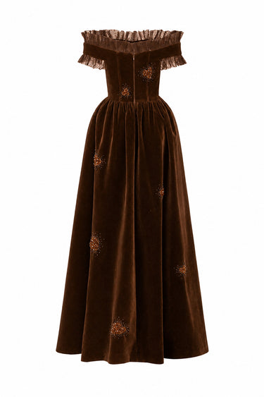 Brown Velvet Maxi Dress With Ruffle Details And Heart-Shaped Embellishment - IHF STUDIO