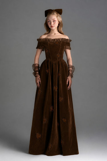 Brown Velvet Maxi Dress With Ruffle Details And Heart-Shaped Embellishment - IHF STUDIO