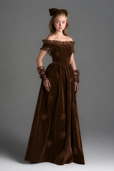 Brown Velvet Maxi Dress With Ruffle Details And Heart-Shaped Embellishment - IHF STUDIO
