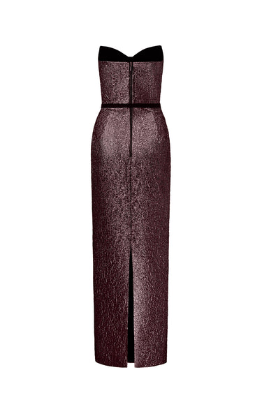 Dark Pink Metallic-Lacquer Jacquard Bustier Midi Column Dress with Lotus-Petal Shaped Detailing - IHF STUDIO