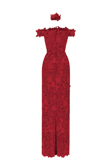 Dark Red Floral Garden Lace Off-Shoulder Dress - IHF STUDIO