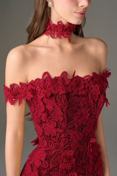 Dark Red Floral Garden Lace Off-Shoulder Dress - IHF STUDIO