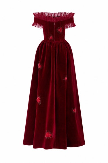 Dark Red Velvet Maxi Dress With Ruffle Details And Heart-Shaped Embellishment - IHF STUDIO
