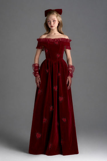 Dark Red Velvet Maxi Dress With Ruffle Details And Heart-Shaped Embellishment - IHF STUDIO