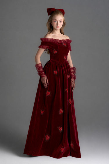 Dark Red Velvet Maxi Dress With Ruffle Details And Heart-Shaped Embellishment - IHF STUDIO