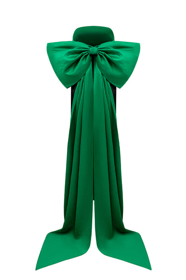 Strapless silk taffeta midi dress with emerald bodice, black skirt and dramatic crystal bow train - IHF STUDIO