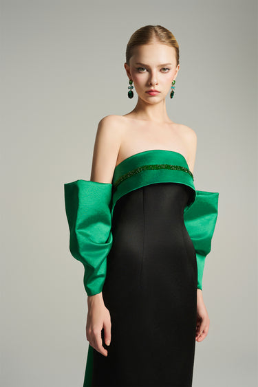 Strapless silk taffeta midi dress with emerald bodice, black skirt and dramatic crystal bow train - IHF STUDIO