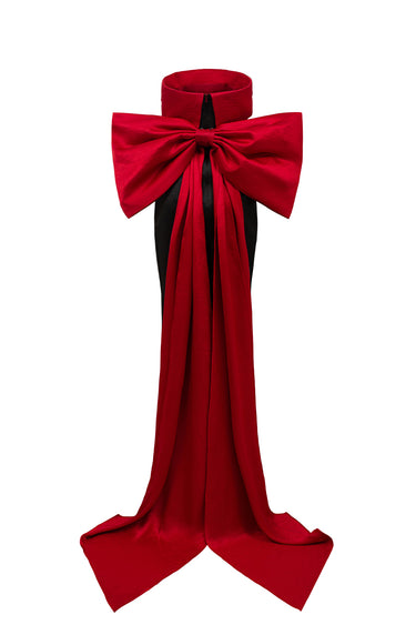 Strapless silk taffeta midi dress with red bodice, black skirt and oversized crystal bow train - IHF STUDIO