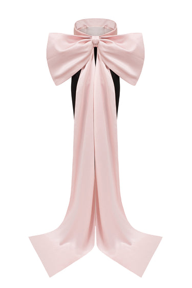 Strapless silk taffeta midi dress with blush pink bodice, black skirt and oversized crystal bow train - IHF STUDIO