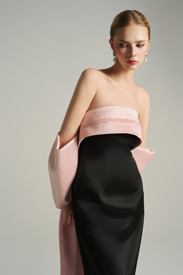 Strapless silk taffeta midi dress with blush pink bodice, black skirt and oversized crystal bow train - IHF STUDIO