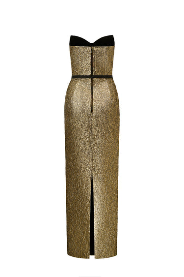 Gold Metallic-Lacquer Jacquard Bustier Midi Column Dress with Lotus-Petal Shaped Detailing - IHF STUDIO